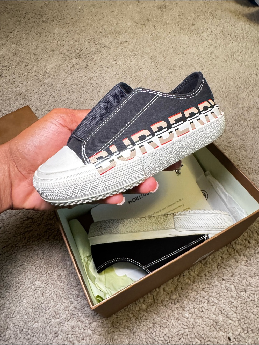 Burberry Black Slip-On Kids Sneakers with White Sole and Logo